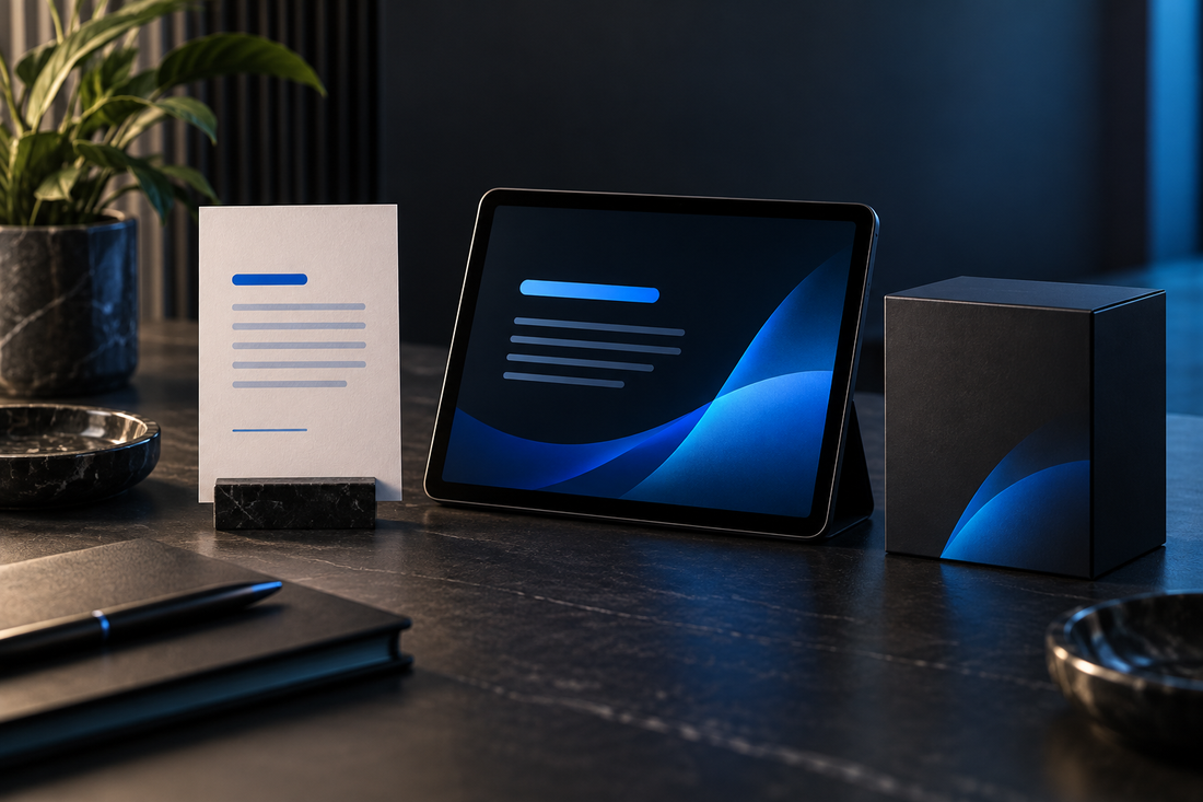 Conceptual illustration of a paper information card and tablet with abstract text lines on a dark desk.
