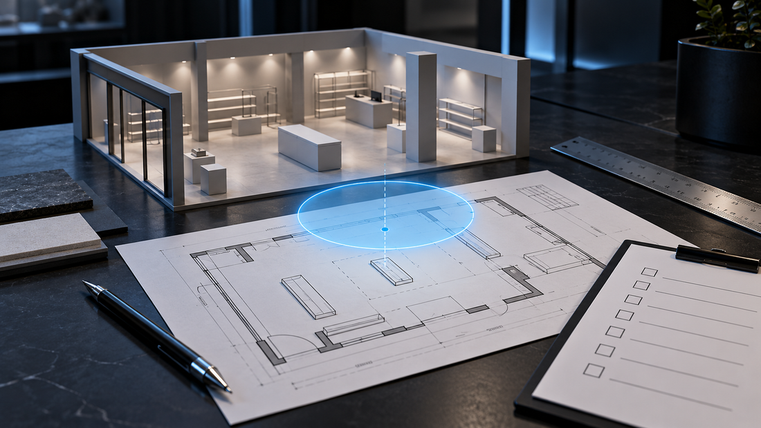 Conceptual display-planning desk with a retail scale model, floor plan, blue placement marker and checklist.