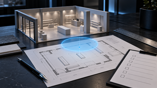 Conceptual display-planning desk with a retail scale model, floor plan, blue placement marker and checklist.