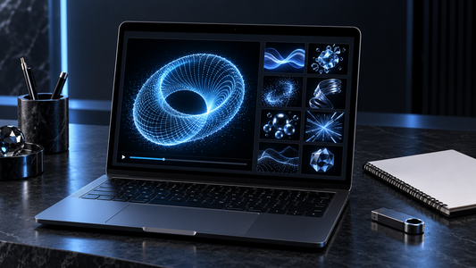 Conceptual laptop showing abstract blue video artwork and thumbnail choices beside a blank notebook and USB drive.