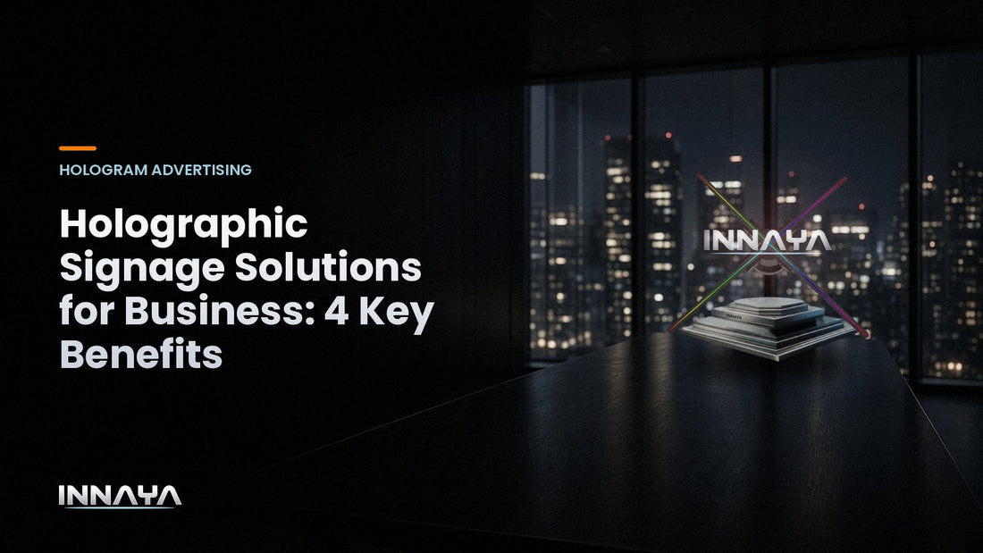 INNAYA 3D hologram fan showing the INNAYA logo hologram in a conference room, cover image for "Holographic Signage Solutions for Business: 4 Key Benefits"