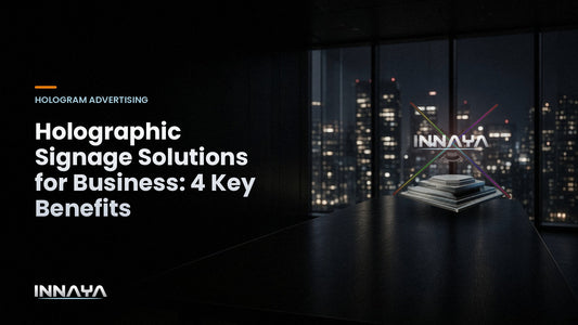 INNAYA 3D hologram fan showing the INNAYA logo hologram in a conference room, cover image for "Holographic Signage Solutions for Business: 4 Key Benefits"