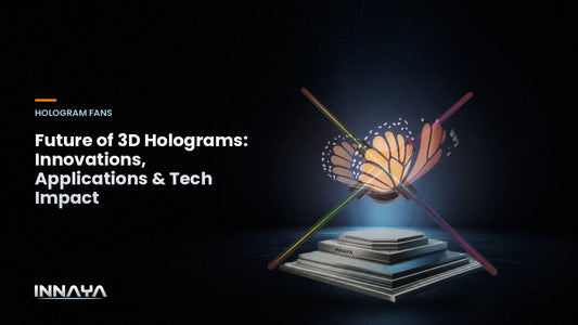 INNAYA 3D hologram fan showing a butterfly hologram in a dark product studio, cover image for "Future of 3D Holograms: Innovations, Applications & Tech Impact"