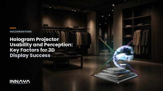 INNAYA 3D hologram fan showing a car hologram in a dimly lit retail clothing store, cover image for "Hologram Projector Usability and Perception: Key Factors for 3D Display Success"