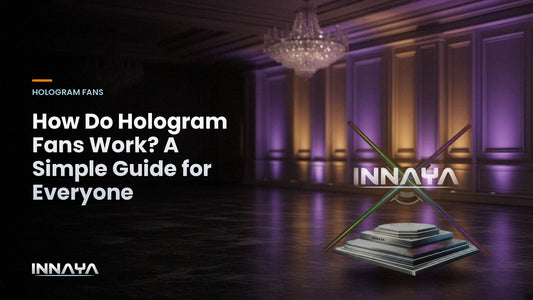 INNAYA 3D hologram fan showing the INNAYA logo hologram in an event ballroom, cover image for "How Do Hologram Fans Work? A Simple Guide for Everyone"