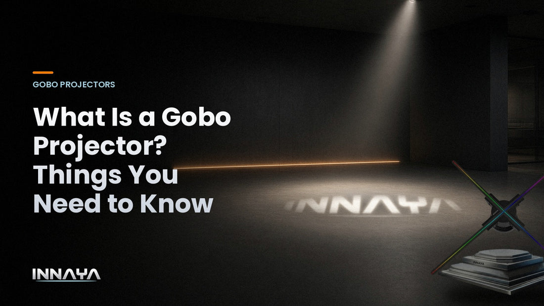 INNAYA logo projected by a gobo projector in a dark showroom, cover image for "What Is a Gobo Projector? Things You Need to Know"