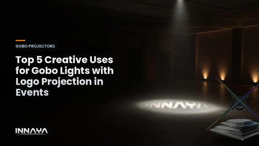 INNAYA logo projected by a gobo projector in an event venue dance floor, cover image for "Top 5 Creative Uses for Gobo Lights with Logo Projection in Events"