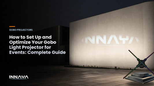 INNAYA logo projected by a gobo projector in a building facade at night, cover image for "How to Set Up and Optimize Your Gobo Light Projector for Events: Complete Guide"