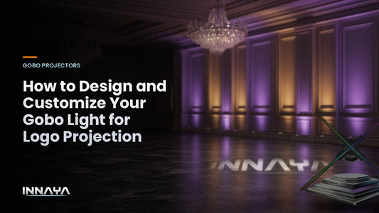 INNAYA logo projected by a gobo projector in an event ballroom floor, cover image for "How to Design and Customize Your Gobo Light for Logo Projection"