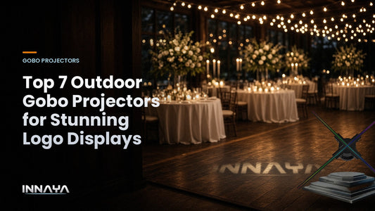 INNAYA logo projected by a gobo projector in a wedding dance floor, cover image for "Top 7 Outdoor Gobo Projectors for Stunning Logo Displays"