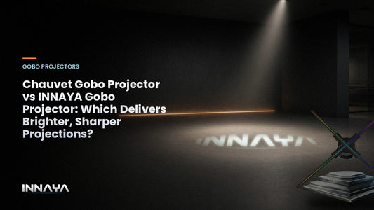 INNAYA logo projected by a gobo projector in a dark showroom, cover image for "Chauvet Gobo Projector vs INNAYA Gobo Projector: Which Delivers Brighter, Sharper Projections?"
