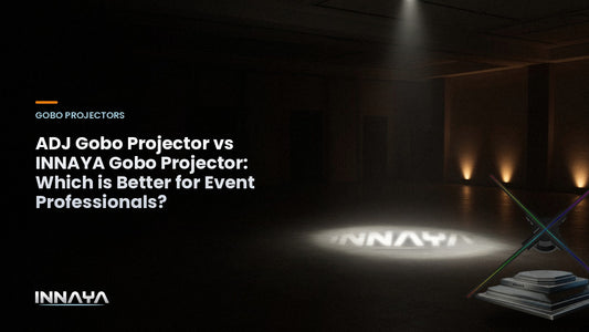INNAYA logo projected by a gobo projector in an event venue dance floor, cover image for "ADJ Gobo Projector vs INNAYA Gobo Projector: Which is Better for Event Professionals?"