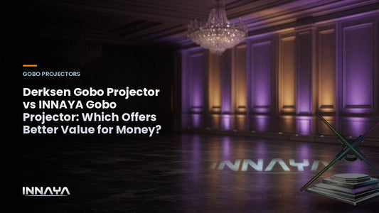 INNAYA logo projected by a gobo projector in an event ballroom floor, cover image for "Derksen Gobo Projector vs INNAYA Gobo Projector: Which Offers Better Value for Money?"