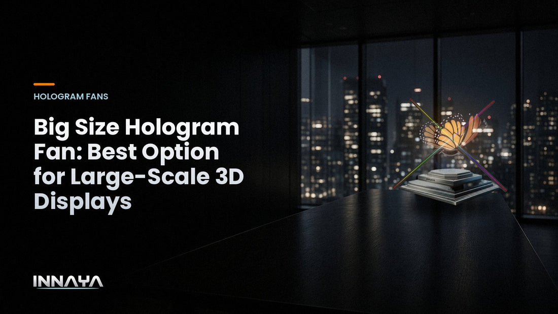 INNAYA 3D hologram fan showing a butterfly hologram in a conference room, cover image for "Big Size Hologram Fan: Best Option for Large-Scale 3D Displays"