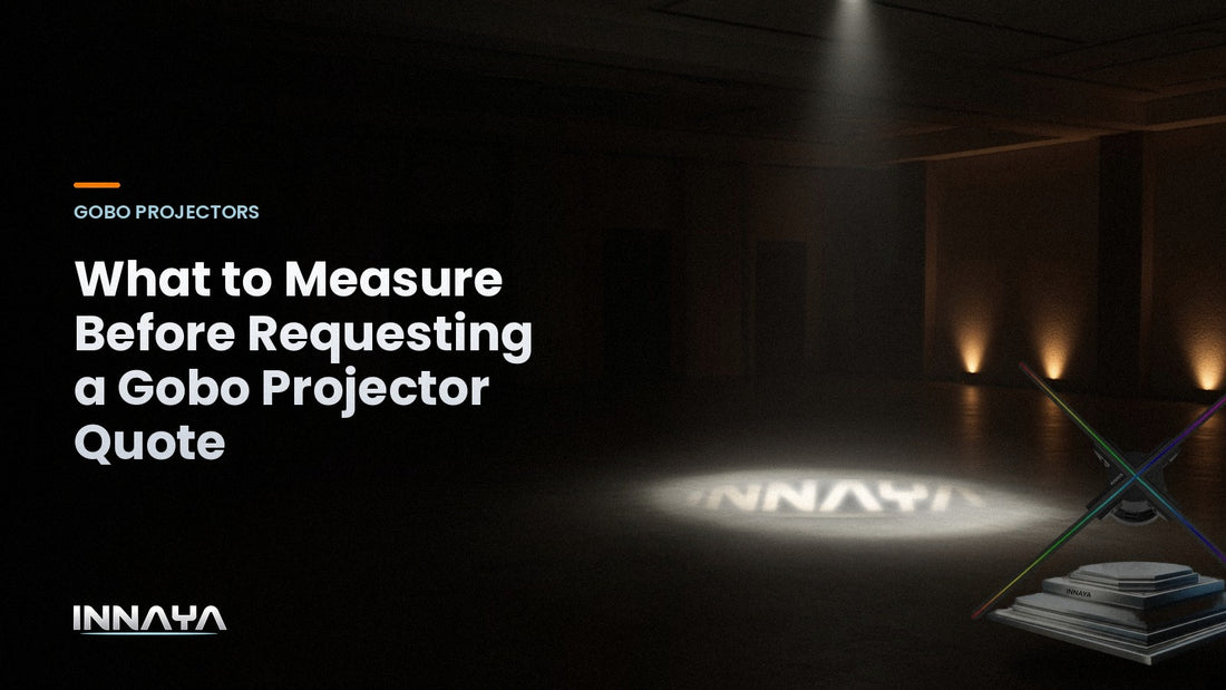 INNAYA logo projected by a gobo projector in an event venue dance floor, cover image for "What to Measure Before Requesting a Gobo Projector Quote"