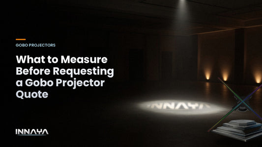 INNAYA logo projected by a gobo projector in an event venue dance floor, cover image for "What to Measure Before Requesting a Gobo Projector Quote"