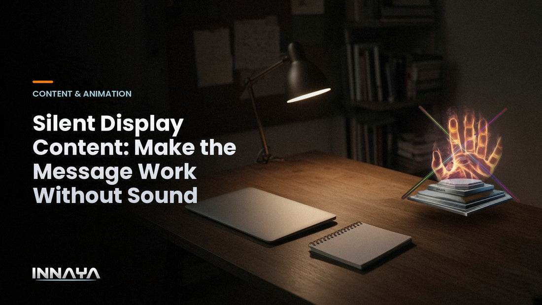 INNAYA 3D hologram fan showing a glowing hand hologram in a designer studio desk, cover image for "Silent Display Content: Make the Message Work Without Sound"