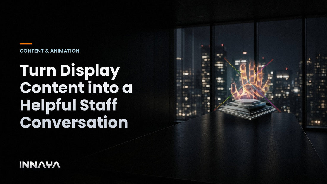 INNAYA 3D hologram fan showing a glowing hand hologram in a conference room, cover image for "Turn Display Content into a Helpful Staff Conversation"