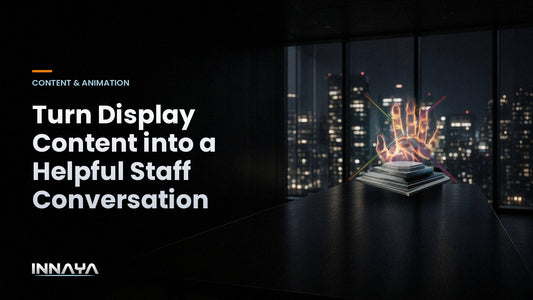 INNAYA 3D hologram fan showing a glowing hand hologram in a conference room, cover image for "Turn Display Content into a Helpful Staff Conversation"