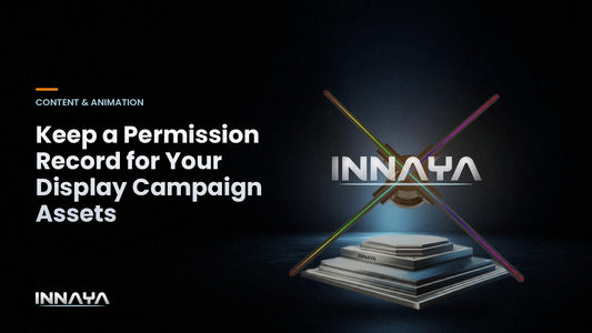 INNAYA 3D hologram fan showing the INNAYA logo hologram in a dark product studio, cover image for "Keep a Permission Record for Your Display Campaign Assets"