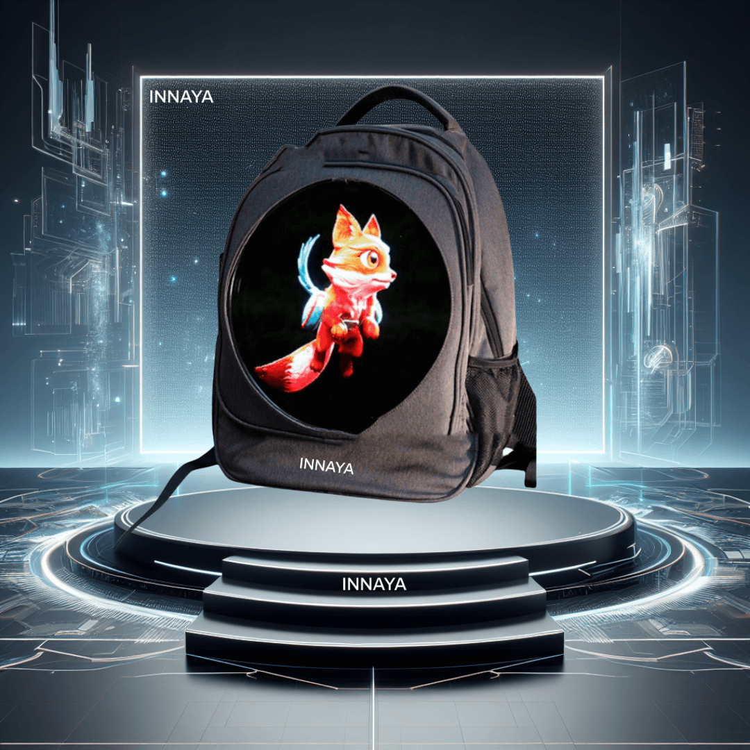 INNAYA H-Backpack 3D Advertising Hologram Fan with 12-inch display, showing 3D animated character in a futuristic setting.