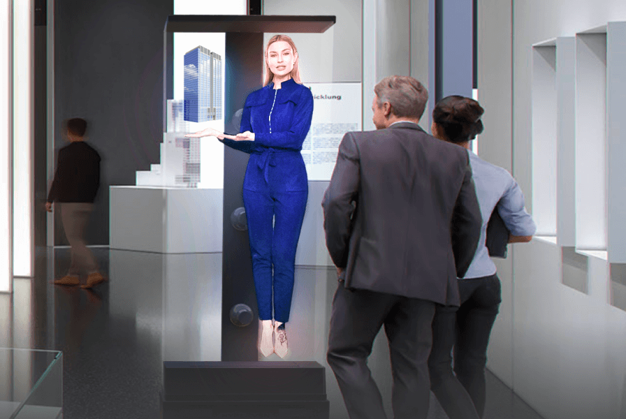 Life-size 3D hologram fan displaying an advertisement to business professionals in a modern office setting.