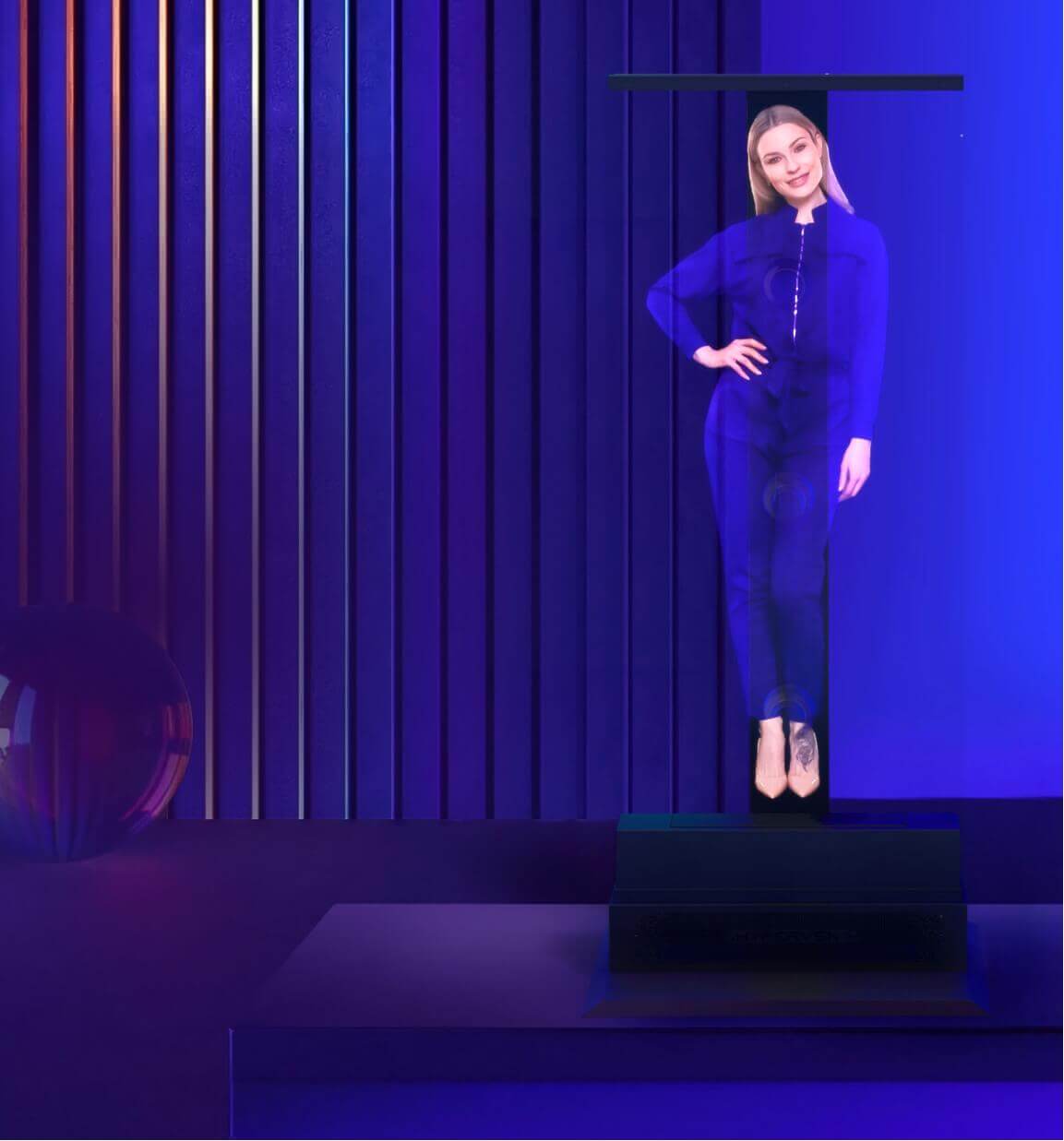 INNAYA™ H-PRO Lifesize 3D Advertising Hologram Fan displaying a lifelike projection in a modern blue-lit setting.