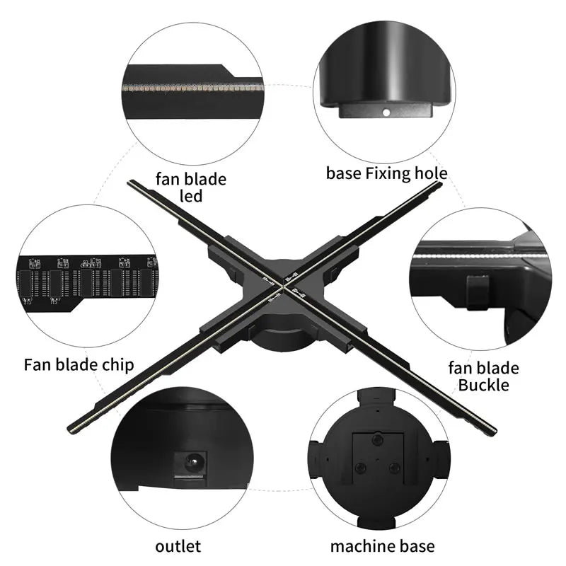 INNAYA 45CM 3D hologram fan showing LED blades, mounting base, and internal components.