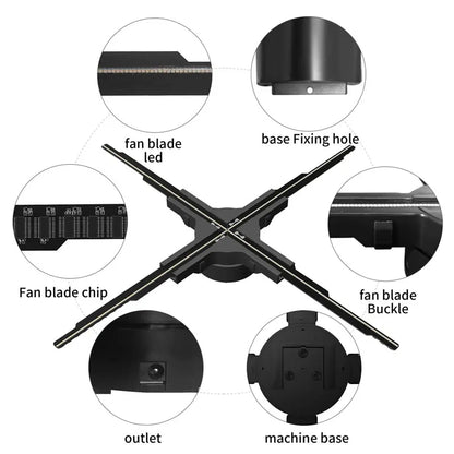 INNAYA 45CM 3D hologram fan showing LED blades, mounting base, and internal components.
