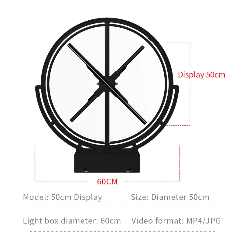 INNAYA 45CM dual 3D hologram fan dimensions with 50 cm display area and 60 cm frame.