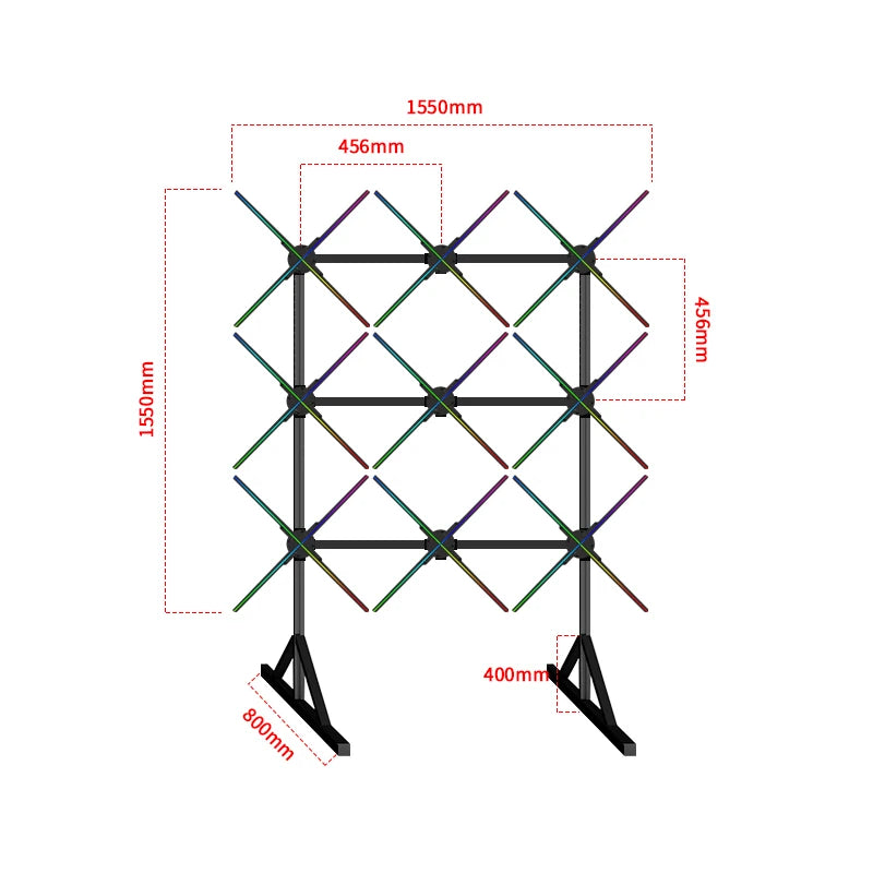 INNAYA 65cm 9-piece hologram fan wall with display dimensions and installation measurements.