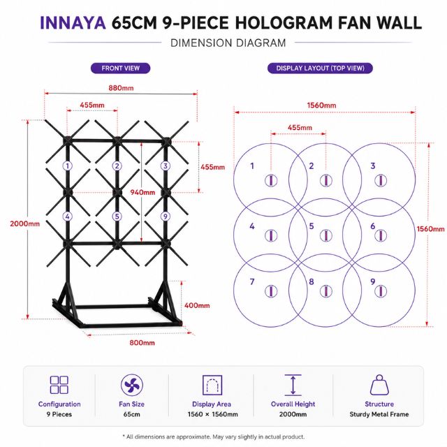 INNAYA 65cm 9-piece hologram fan wall dimension diagram with display layout and installation measurements.