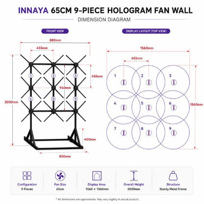 INNAYA 65cm 9-piece hologram fan wall dimension diagram with display layout and installation measurements.