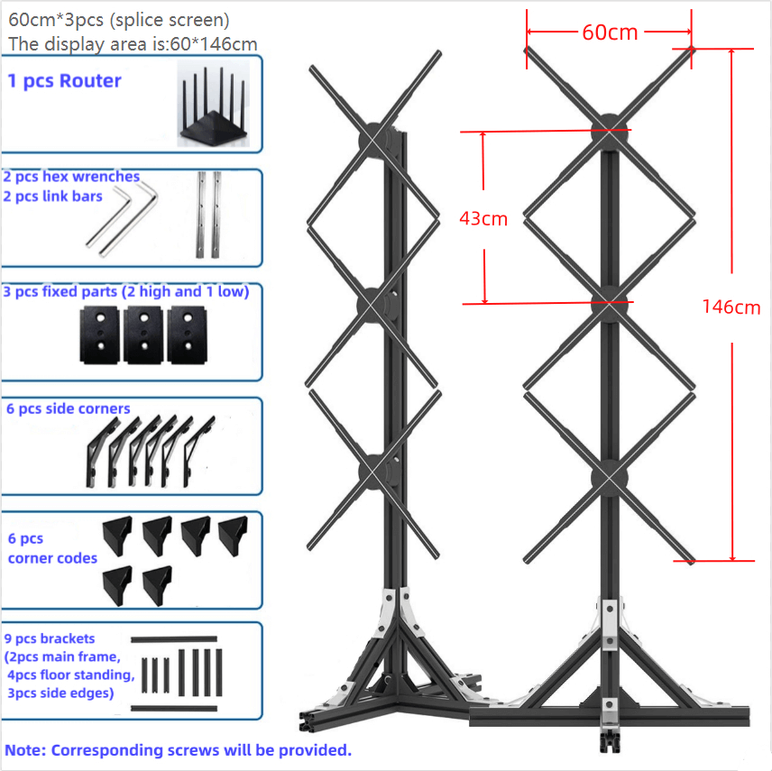 Modular display stand with detailed dimensions and components, including brackets, side corners, and hex wrenches for assembly.