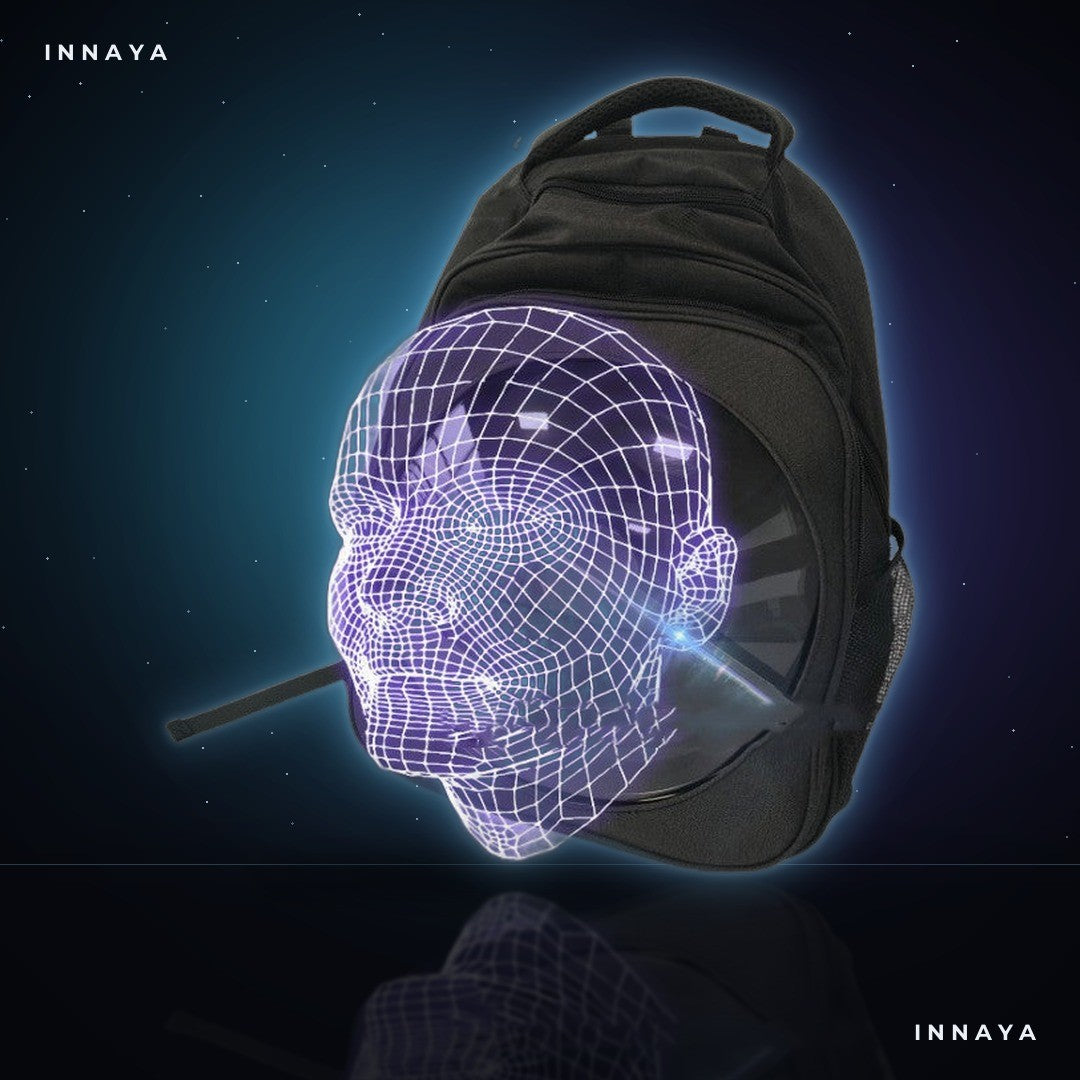 INNAYA Walking Billboard hologram fan backpack showing a 3D head